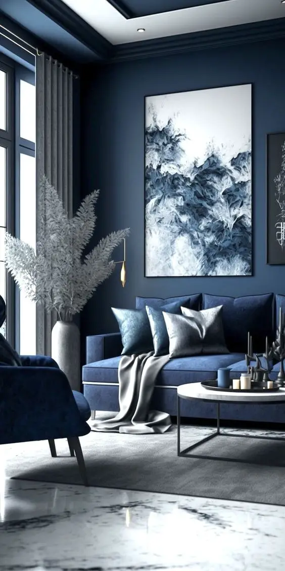 Blue Living Room Design 2024: Elevate with Navy, Gray, and Royal Paint Wall Elegance