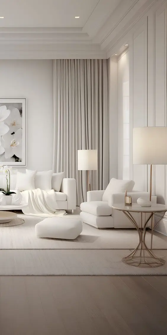 2024 White Living Room Designs: Modern Luxury, Grey Elegance, Black & White Timelessness, and Vibrant Pops of Red and Green