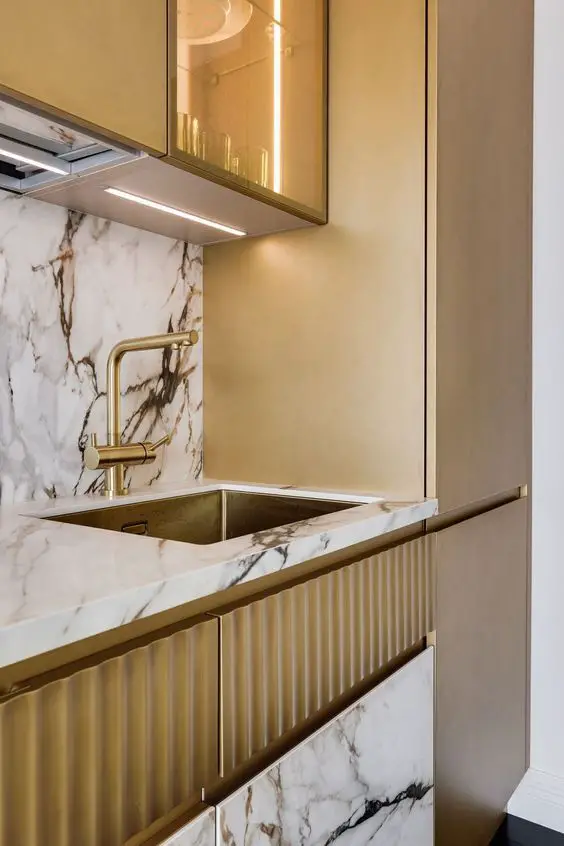 Elevate Your Kitchen with Luxe Gold Cabinets & Trendy Hardware