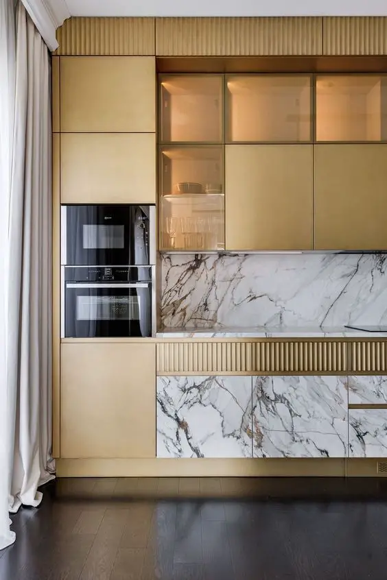 Elevate Your Kitchen with Luxe Gold Cabinets & Trendy Hardware