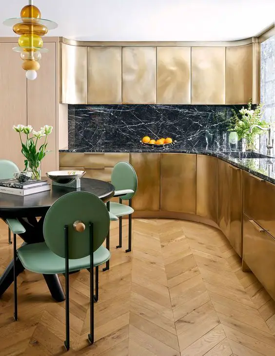 Elevate Your Kitchen with Luxe Gold Cabinets & Trendy Hardware