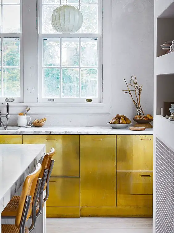Elevate Your Kitchen with Luxe Gold Cabinets & Trendy Hardware