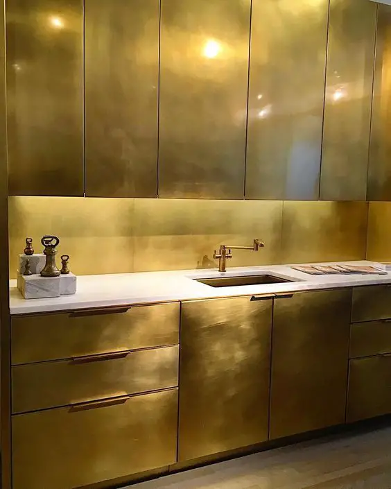 Elevate Your Kitchen with Luxe Gold Cabinets & Trendy Hardware
