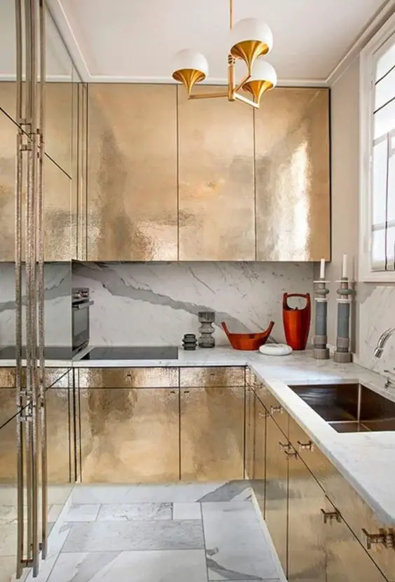 Elevate Your Kitchen with Luxe Gold Cabinets & Trendy Hardware