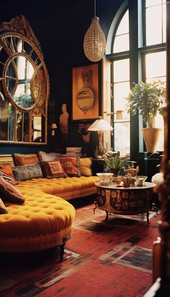 Bohemian-style living room with colorful textiles and eclectic decor